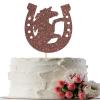 Horse Sign Horseshoe Cake Topper - Racing Birthday Party Decor - Western Theme Birthday Wedding Party Cake Decorations Supplies, 1st Bday Party Photo Props, Brown Glitter view 1