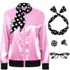 SOMSOC 5 Pieces 1950s Women Pink Satin Jacket with Polka Dot Scarf Headband Earrings Eye Glasses Halloween Party Costume Set view 1
