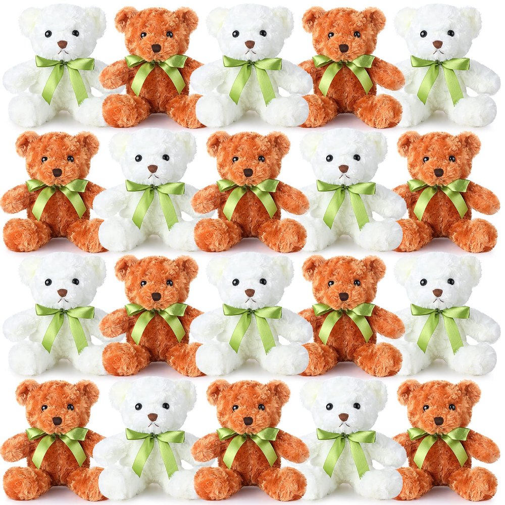 HyDren 24 Pcs Bear Bulk Plush Stuffed Animals 10 Inch Cute Soft Stuffed Bear with Green Bow for Valentine Birthday Gift Party Baby Shower Christmas(Light Brown, White)