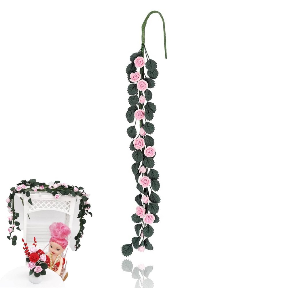 Dollhouse Flower, Dollhouse Swing Decorative Long Bouquet Garland Fake Flower Rose Vine Hanging Plant(Pink)
