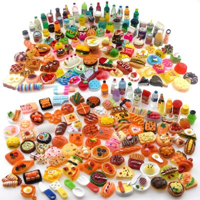 100 Pieces Miniature Food Drink Bottles Toys Dollhouse Pretend Play Kitchen Cooking Game Party Accessories Toys Hamburger Cake Pizza Doll House Landscape