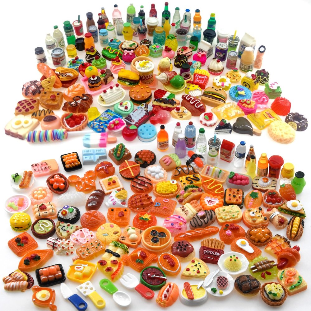 100 Pieces Miniature Food Drink Bottles Toys Dollhouse Pretend Play Kitchen Cooking Game Party Accessories Toys Hamburger Cake Pizza Doll House Landscape