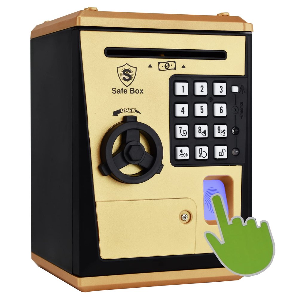 Litpggy Kids Safe Bank with Fingerprint Password Talking ATM Piggy Bank for Real Money Toy Gift for 5-14 Years Old Boys Girls (Golden)