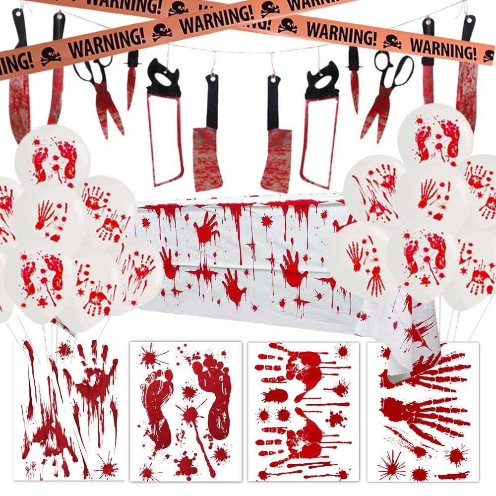 kkekos 34 PCS Halloween Decorations Set - Bloody Handprint Window Stickers - Halloween Banner Bloody Knife - Bloody Balloon - Halloween Tablecloth (Set 1)
