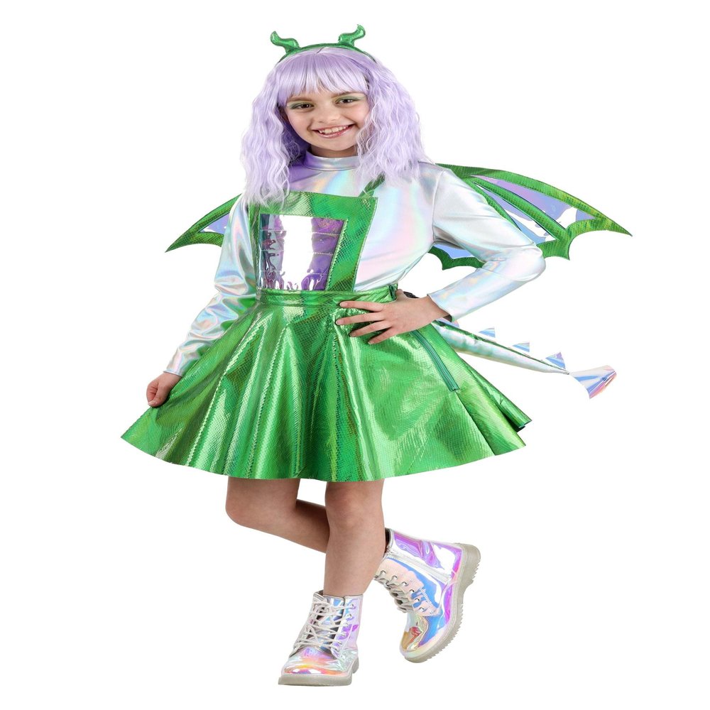 Kid's Daydreaming Dragon Costume Dress - Green & Silver Dragon Outfit for Girls with Headband & Attached Tail S