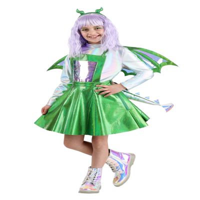 Fun Costumes Kid's Daydreaming Dragon Costume Dress - Green & Silver Dragon Outfit for Girls with Headband & Attached Tail - Medium
