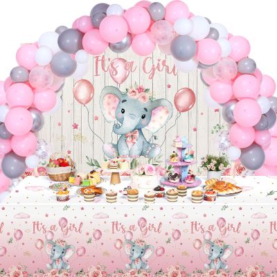 Baby Shower Party Decorations 121 Pieces Elephant Party Supplies Include Backdrop Banner Balloons Tablecloth and Cake Toppers for Baby Shower Gender Reveal Elephant Theme Birthday Party (Girl Style)