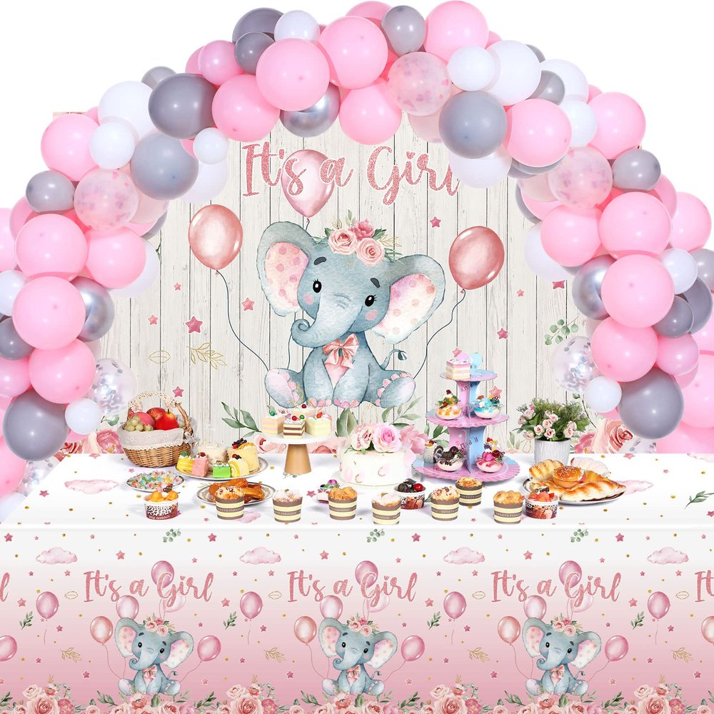 Baby Shower Party Decorations 121 Pieces Elephant Party Supplies Include Backdrop Banner Balloons Tablecloth and Cake Toppers for Baby Shower Gender Reveal Elephant Theme Birthday Party (Girl Style)