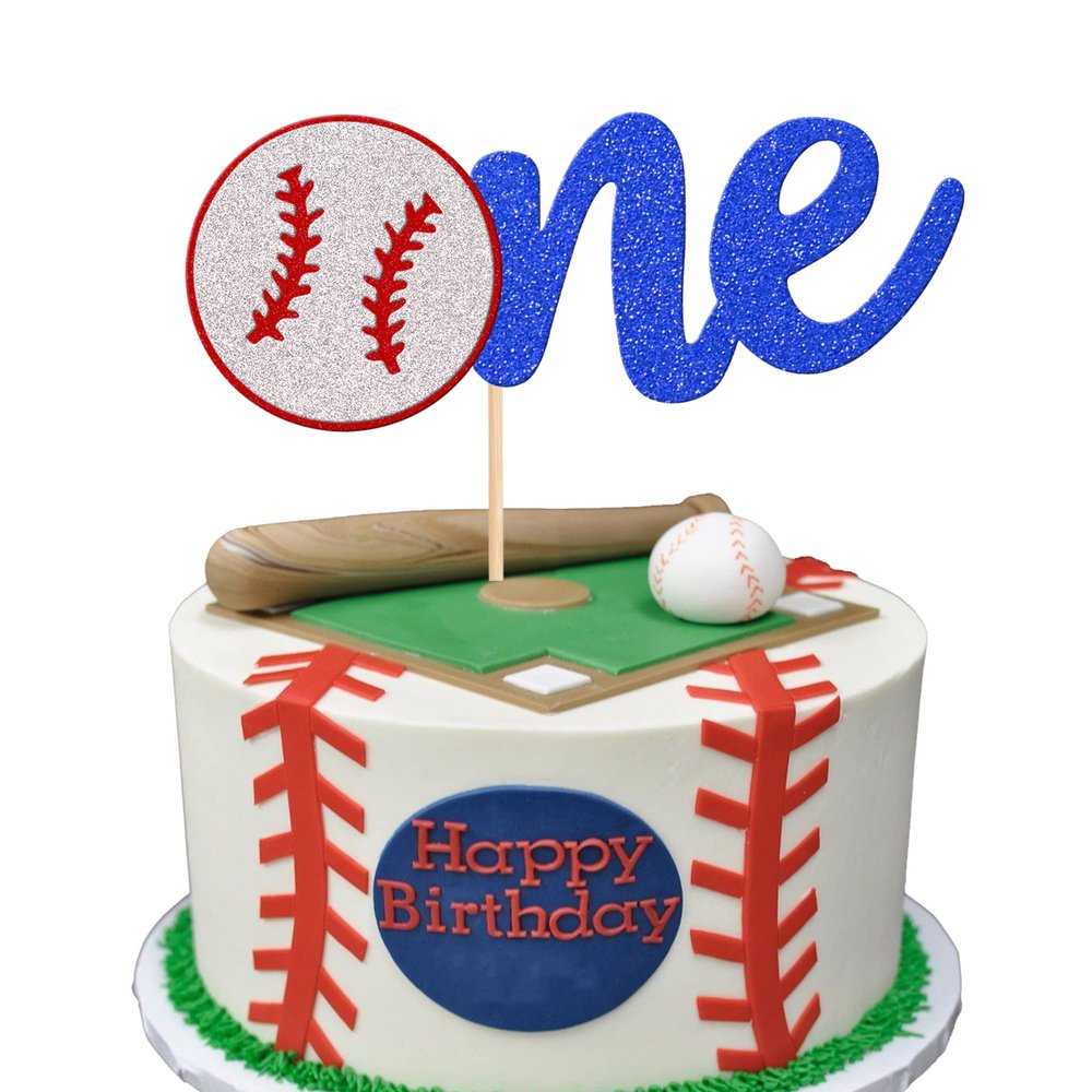 1 PCS Baseball One Cake Topper Glitter First Birthday Baseball Cake Pick Sports Cake Decorations for Baby Shower Kids Boys Girls 1st Birthday Party Supplies