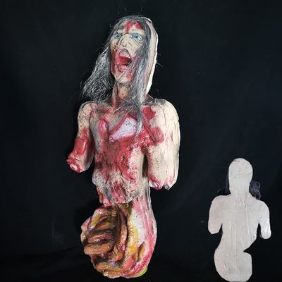 Halloween Half Body Skinned Hanging Corpse Prop 39.3" Scary RealisticallyLatex Limbless Broken Body Parts with Bloody Skin Pendant Lifelike Zombie Outdoor Haunted Houses Prank Trick Decorations (C)