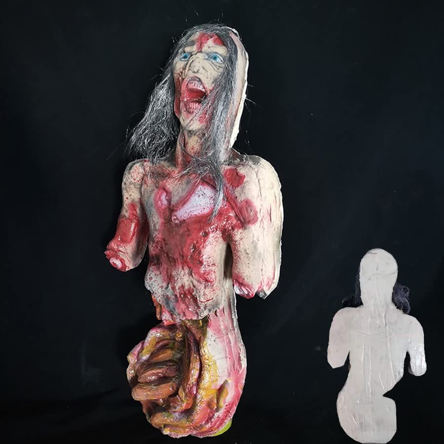 Halloween Half Body Skinned Hanging Corpse Prop 39.3" Scary RealisticallyLatex Limbless Broken Body Parts with Bloody Skin Pendant Lifelike Zombie Outdoor Haunted Houses Prank Trick Decorations (C)