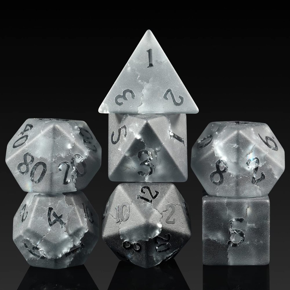 Cracked Glass DND Dice 7 Piece Black Zircon Dice with Great Gift Case for DND Dungeons and Dragon Tabletop Game (Black Glass with Rasied Num)