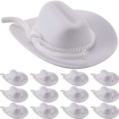 Hercicy 36 Pcs Mini Cowboy Hats for Crafts Wedding Favors Decoration Flocking Miniature Felt Cowgirl Western Party Hat Dollhouse Decor for Dollhouse Craft (White)