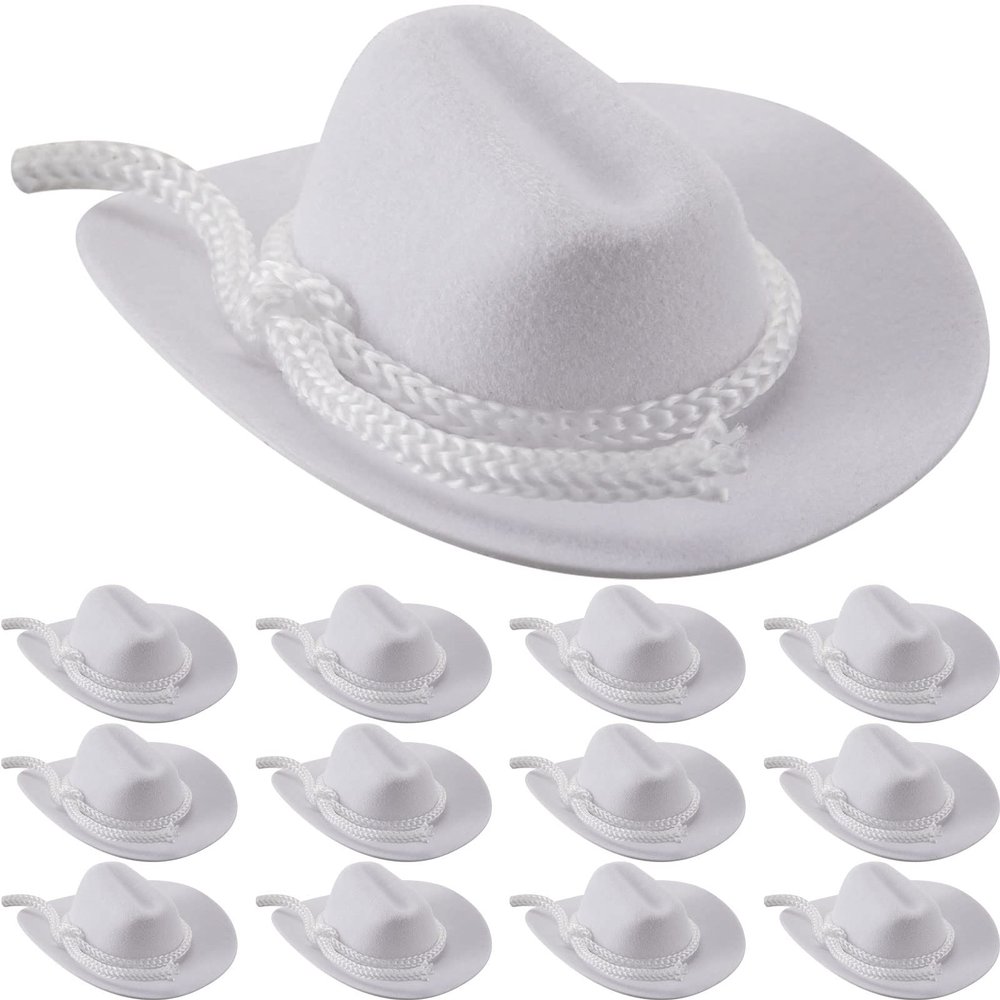 Hercicy 36 Pcs Mini Cowboy Hats for Crafts Wedding Favors Decoration Flocking Miniature Felt Cowgirl Western Party Hat Dollhouse Decor for Dollhouse Craft (White)