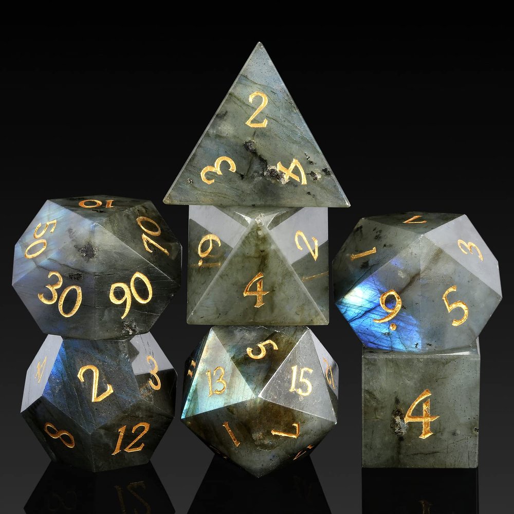 Labradorite Gemstone Dice Set DND,DNDND Full Set Real Stone Dice Set with Gorgeous Gift Case for Dungeons and Dragon and Tabletop Game (Labradorite)