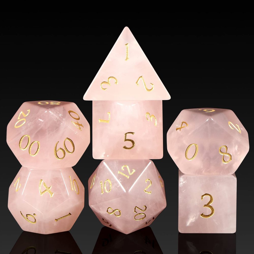 Pink Quartz DND Dice Set DNDND 7 PCS Natural Crystal D&D Dice with Gorgeous Gift Case for Dungeons and Dragon Tabletop Game (Pink Quartz)