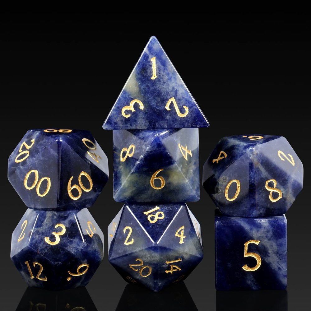 Blue-Vein Stone D&D Dice Set DNDND 7 PCS Natural Gemstone DND Dice with Gorgeous Gift Case for Dungeons and Dragon Tabletop Game (Blue-Vein)