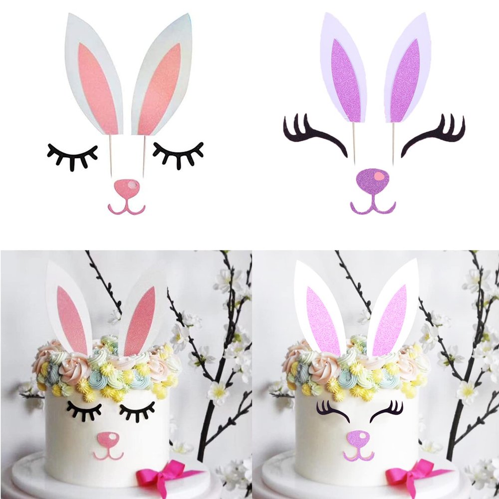 2 Pack Bunny Ears Cake Topper Decorations with Eyelashes Nose Ear, Cupcake Topper for Easter, Christmas, Birthday Party Decor