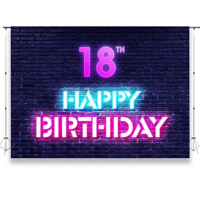 KUKUSOUL 7x5ft Glow Neon Happy 18th Birthday Backdrop Colorful Glowing 18 Years Old Birthday Party Banner Decorations for Boys Girls Supplies Adult's Party KUBZT131