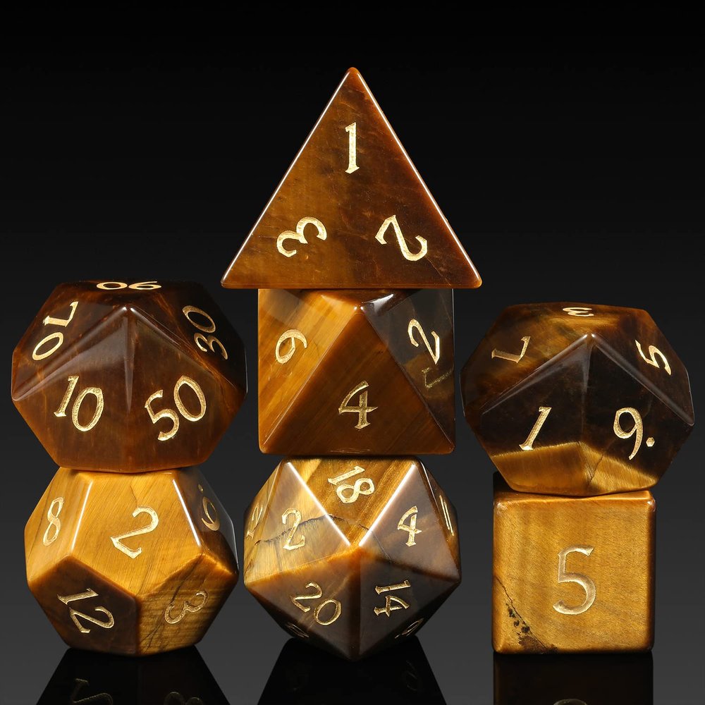 Tiger-Stone Dice Set D&D,DNDND 7PCS Full Set Natural Stone Dice Set with Gorgeous Gift Case for Dungeons and Dragon and Tabletop Game (Tiger-Stone)