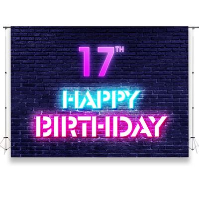 KUKUSOUL 7x5ft Glow Neon Happy 17th Birthday Backdrop Colorful Glowing 17 Years Old Birthday Party Banner Decorations for Boys Girls Supplies Adult's Party KUBZT130