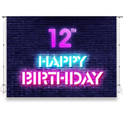 KUKUSOUL 7x5ft Glow Neon Happy 12th Birthday Backdrop Colorful Glowing 12 Years Old Birthday Party Banner Decorations for Boys Girls Supplies Kid's Party KUBZT125