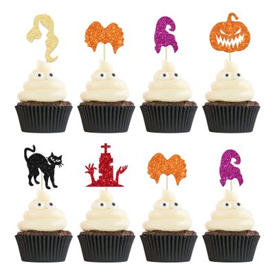 24Pcs Halloween Cupcake Toppers Glittery Hocus Pocus Cake Toppers Trick or Treat Witch Hair Cupcake Decoration Halloween Birthday Party Decorations Supplies