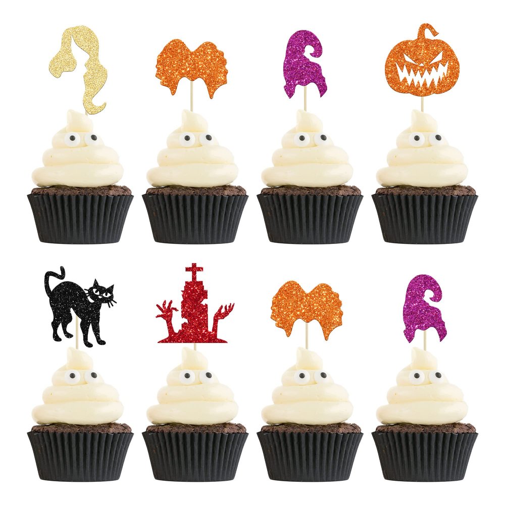 24Pcs Halloween Cupcake Toppers Glittery Hocus Pocus Cake Toppers Trick or Treat Witch Hair Cupcake Decoration Halloween Birthday Party Decorations Supplies