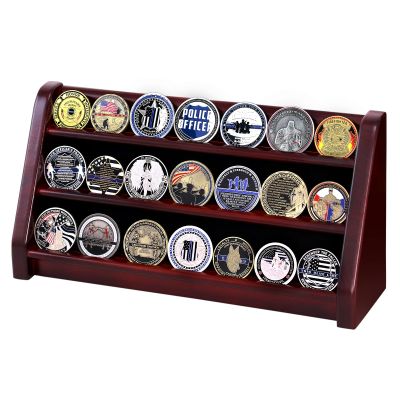 DecoWoodo Challenge Coin Display Case, 3 Rows Solid Wood Military Coin Holder Rack Stand Holds 20 Coins for Desk or Wall Mount (Mahogany Finish)
