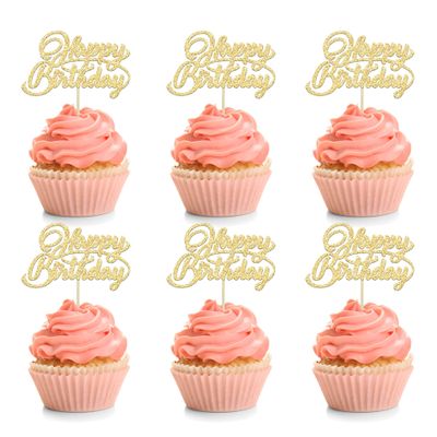 24Pcs Happy Birthday Cupcake Toppers Gold Glitter Birthday Cupcake Food Picks for Celebrating Happy Birthday Party Cake Decorations Supplies