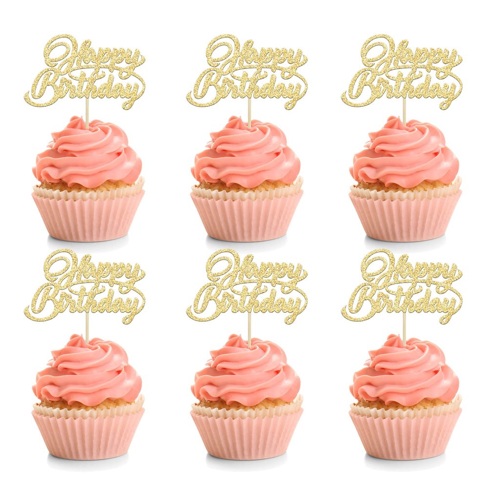 24Pcs Happy Birthday Cupcake Toppers Gold Glitter Birthday Cupcake Food Picks for Celebrating Happy Birthday Party Cake Decorations Supplies