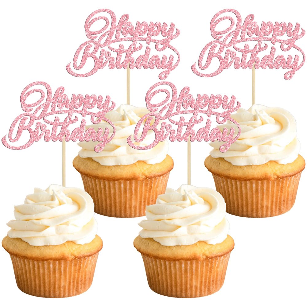 24Pcs Happy Birthday Cupcake Toppers Pink Glitter Birthday Cupcake Food Picks for Celebrating Happy Birthday Party Cake Decorations Supplies