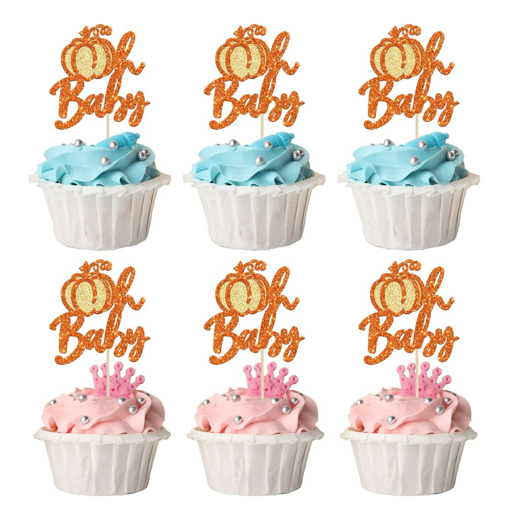 24Pcs Pumpkin Oh Baby Cupcake Toppers Glitter Pumpkin Birthday Baby Shower Party Decorations Pumpkin Birthday Cake Decorations Fall Babyshower Birthday Party Cupcake Picks
