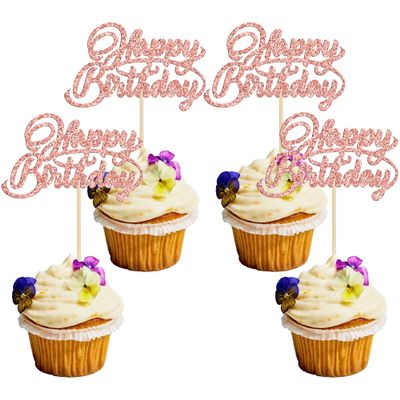 24Pcs Happy Birthday Cupcake Toppers Glitter Celebrating Birthday Cupcake Picks Baby Shower Kids Birthday Party Cupcake Decorations Supplies Rose Gold