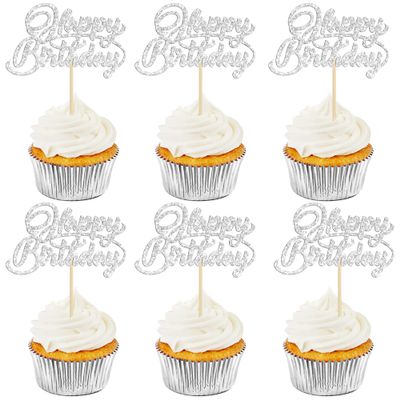 24 Pack Happy Birthday Cupcake Toppers Glitter Birthday Cupcake Food Picks for Celebrating Happy Birthday Party Cake Decorations Supplies Silver