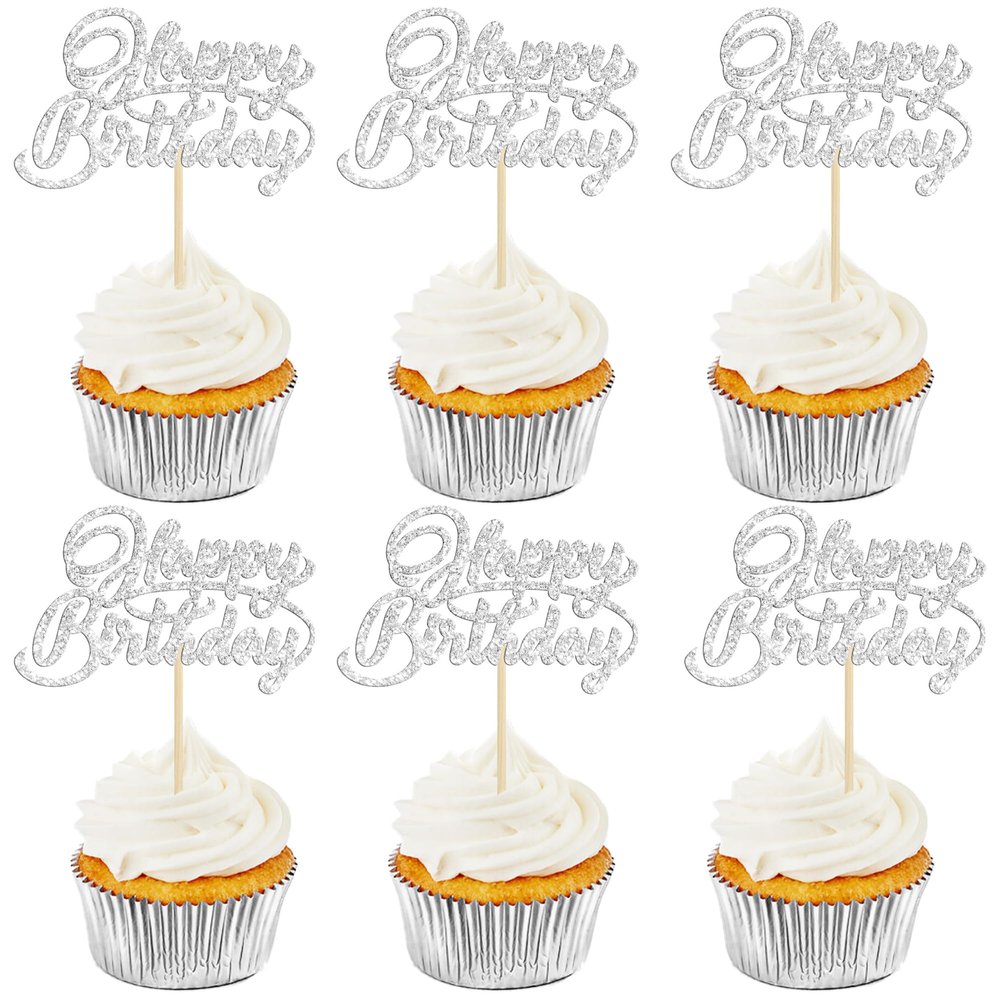 24 Pack Happy Birthday Cupcake Toppers Glitter Birthday Cupcake Food Picks for Celebrating Happy Birthday Party Cake Decorations Supplies Silver