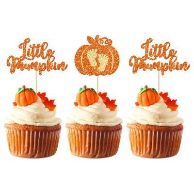 24pc Little Pumpkin Cupcake Toppers - Glitter Pumpkin Cupcake Picks - Baby Shower Decorations - Fall Harvest Theme - Kids Birthday Party Supplies