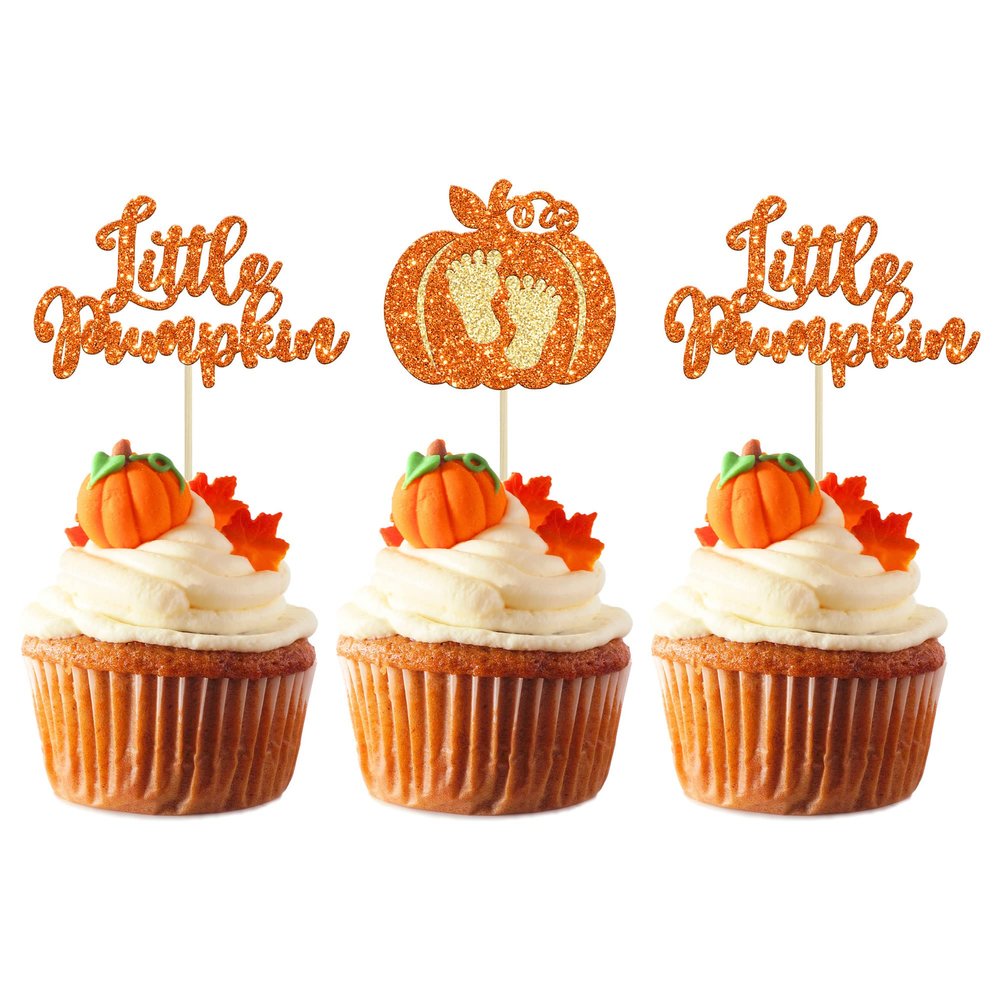 24pc Little Pumpkin Cupcake Toppers - Glitter Pumpkin Cupcake Picks - Baby Shower Decorations - Fall Harvest Theme - Kids Birthday Party Supplies