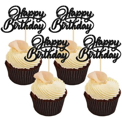 24Pcs Happy Birthday Cupcake Toppers Glitter Birthday Cupcake Food Picks for Celebrating Happy Birthday Party Cake Decorations Supplies Black
