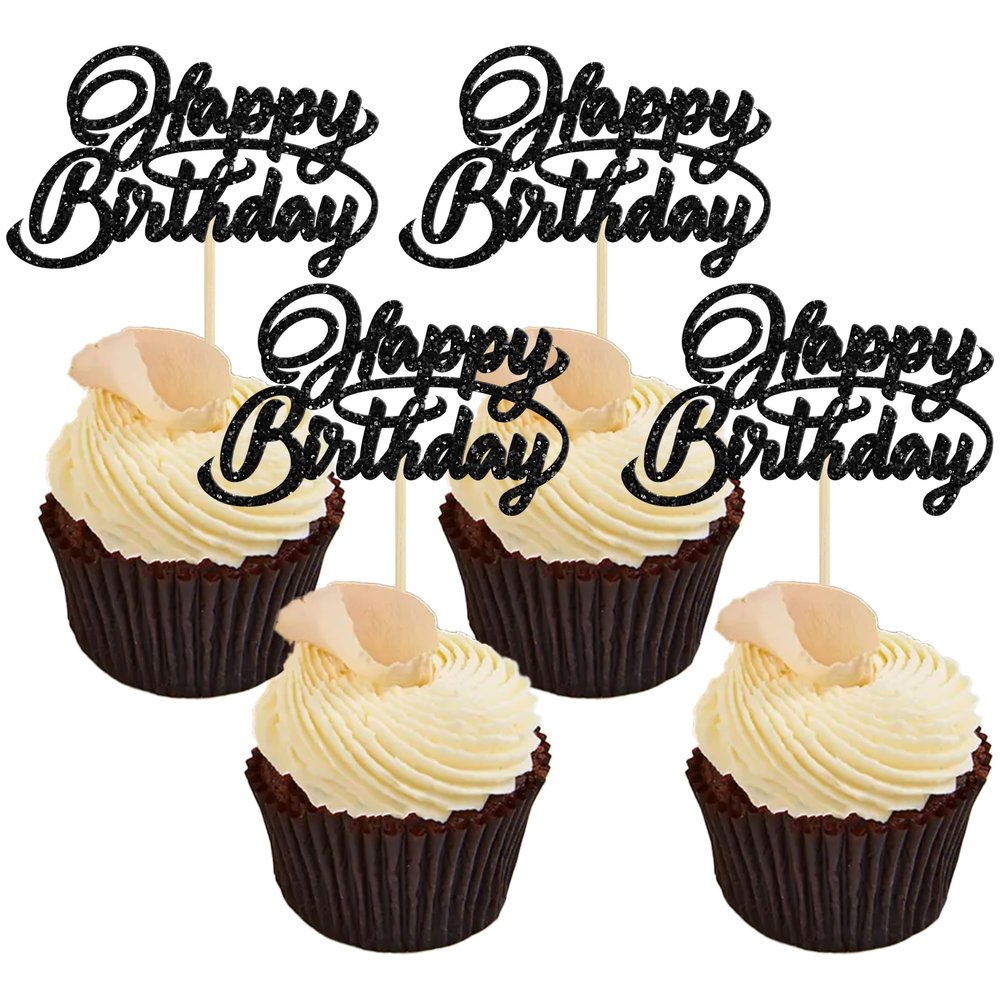 24Pcs Happy Birthday Cupcake Toppers Glitter Birthday Cupcake Food Picks for Celebrating Happy Birthday Party Cake Decorations Supplies Black