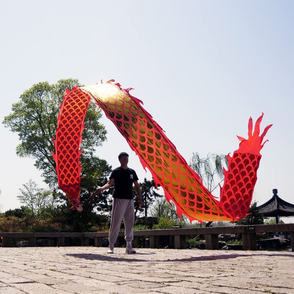 Golden Dragon Poi with 3D Real-Like Plastic Dragon Head and Swing Rope Combo, Chinese Dragon Dance Wulong Flowy Flinging Dragon Body Ribbon Streamer Set (Red)