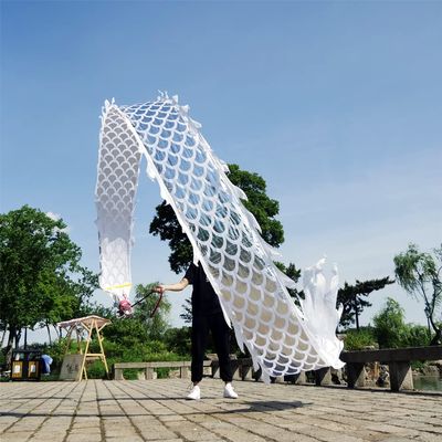 DSJUGGLING Golden Dragon Poi with 3D Real-Like Plastic Dragon Head and Swing Rope Combo, Chinese Dragon Dance Wulong Flowy Flinging Dragon Body Ribbon Streamer Set (Silver)