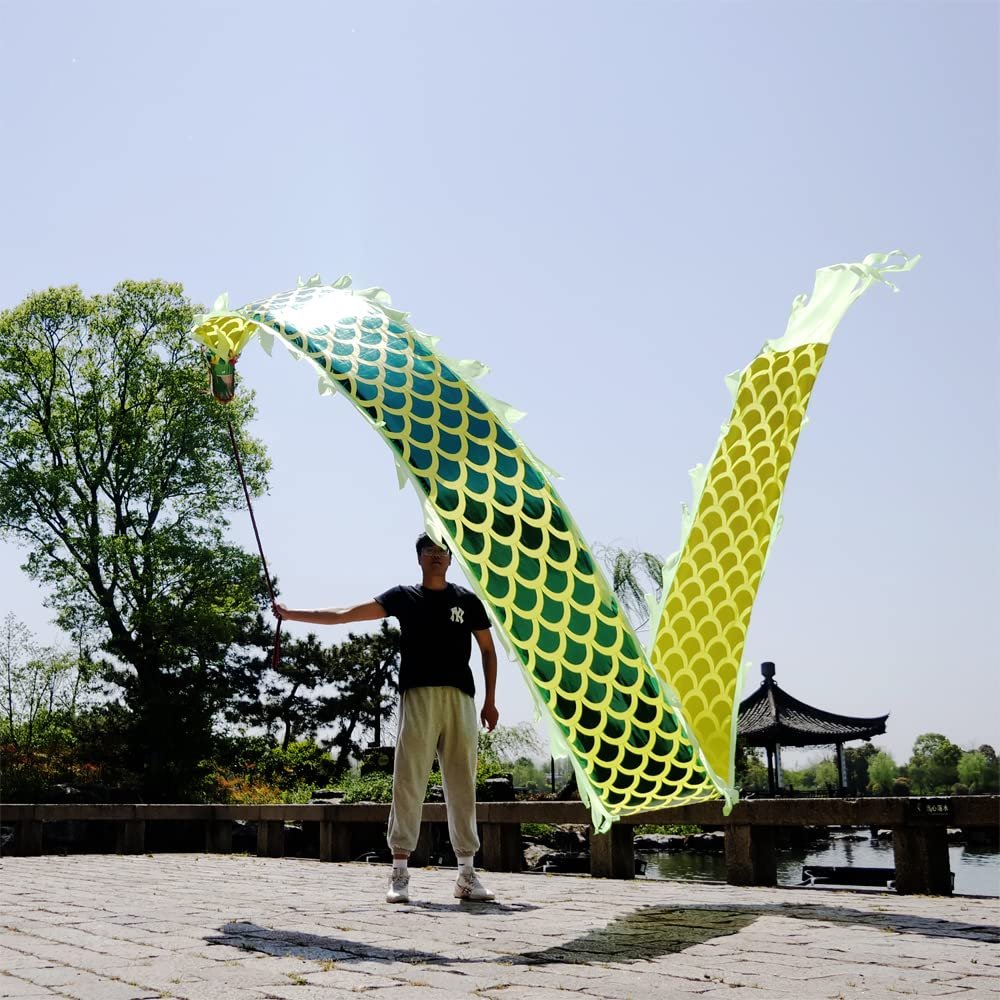 Golden Dragon Poi with 3D Real-Like Plastic Dragon Head and Swing Rope Combo, Chinese Dragon Dance Wulong Flowy Flinging Dragon Body Ribbon Streamer Set (Green)