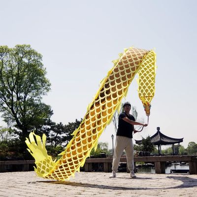 Golden Dragon Poi with 3D Real-Like Plastic Dragon Head and Swing Rope Combo, Chinese Dragon Dance Wulong Flowy Flinging Dragon Body Ribbon Streamer Set (Yellow)