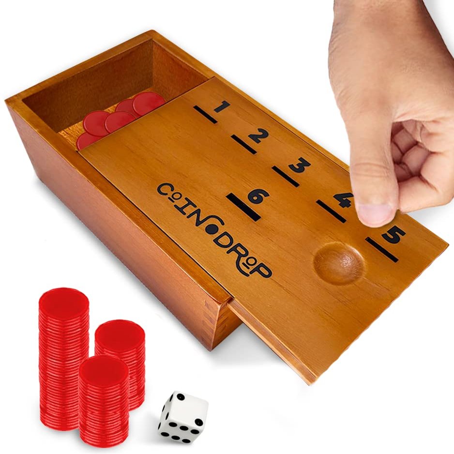 SWOOC Games - Coin Drop | Simple + Strategic Dice Games for Families with Coins Included for 2-6 Players | Works W/Pennies Too | Get Rid of Coins to Win | Board Games for Kids | Penny Game Wood Box