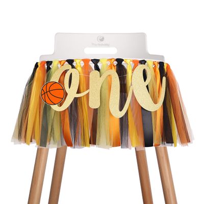 Basketball Highchair Banner Decoration for Baby - 1st First Highchair Happy Birthday Banner, High Chair Fabric Garland Party Supplies, 0range Yellow Black, Photo Props, Handmade
