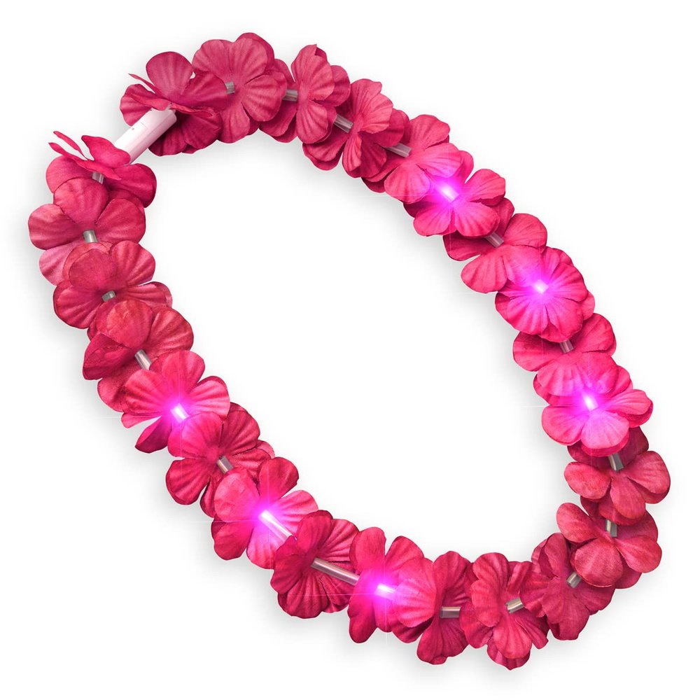 Set of 12 Pink LED Flower Hawaiian Lei Light Up Necklaces