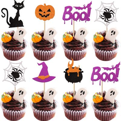 24 Pack Halloween Cupcake Toppers Glitter Witch Cat Pumpkin Spider Web Cupcake Picks Boo Ghost Cake Decorations for Happy Halloween Theme Baby Shower Birthday Party Supplies