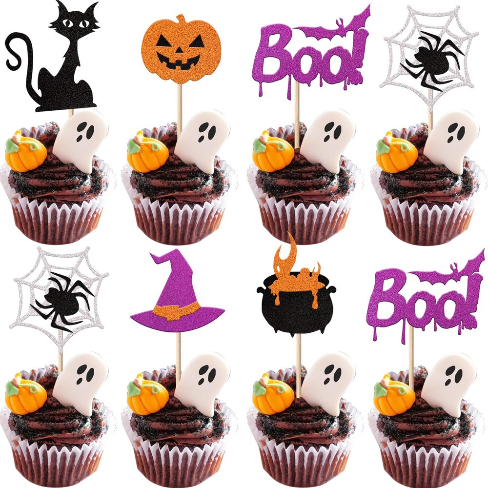 24 Pack Halloween Cupcake Toppers Glitter Witch Cat Pumpkin Spider Web Cupcake Picks Boo Ghost Cake Decorations for Happy Halloween Theme Baby Shower Birthday Party Supplies