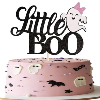 1 Pack Little Boo Halloween Cake Topper Glitter Happy Boo Day Ghost Cake Pick Baby Shower Kids Birthday Party Cupcake Decoration Supplies Black